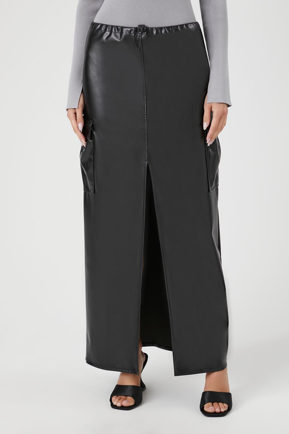  Forever 21 Faux Leather Toggle Drawstring Midi Skirt - black - Bonton