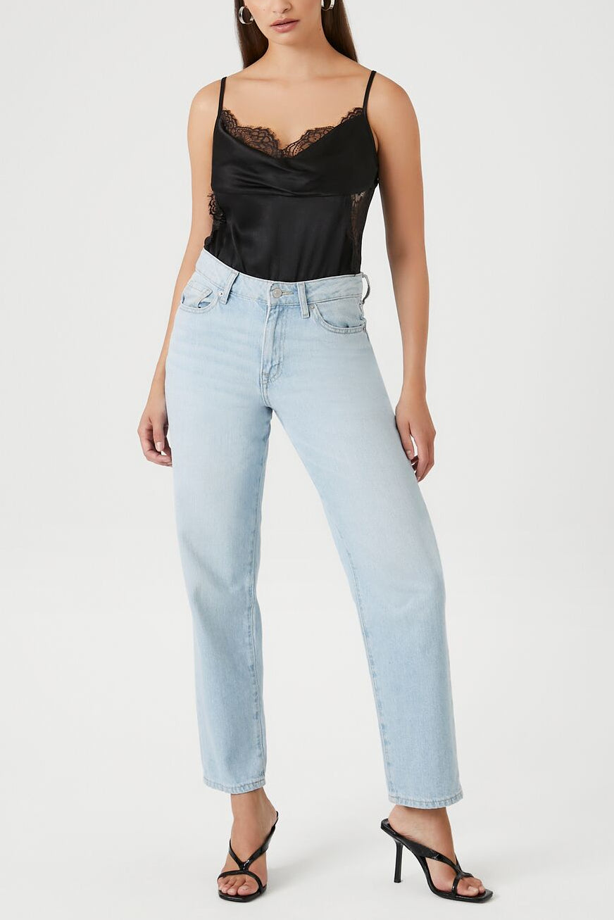  Forever 21 Satin Lace-Trim Bodysuit - black - Bonton