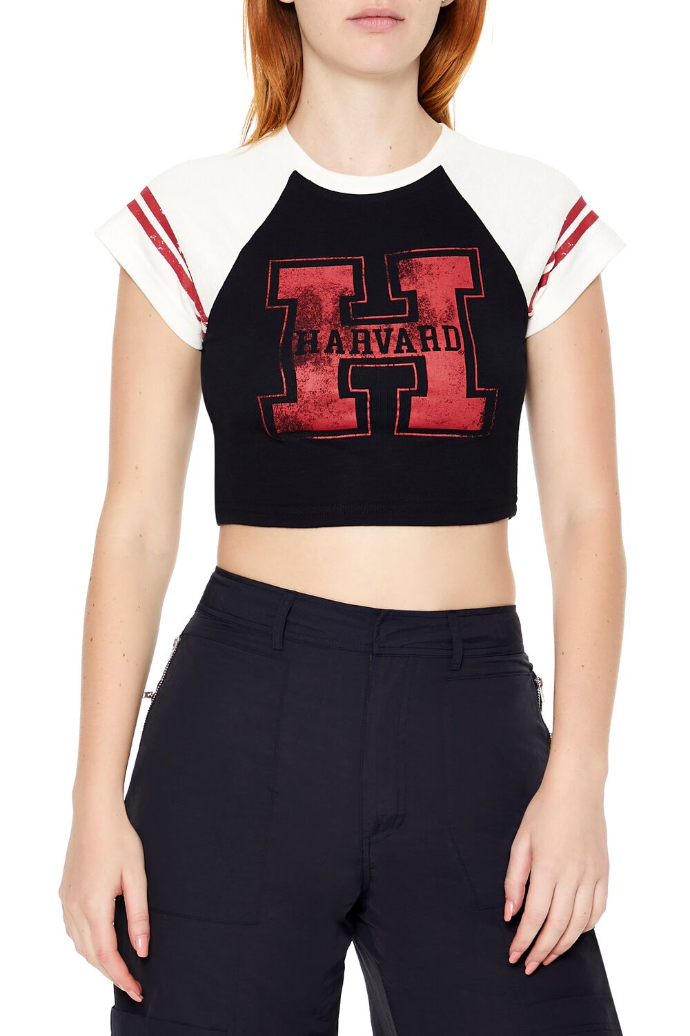  Forever 21 Raglan Harvard Graphic Baby Tee - black multi - Bonton