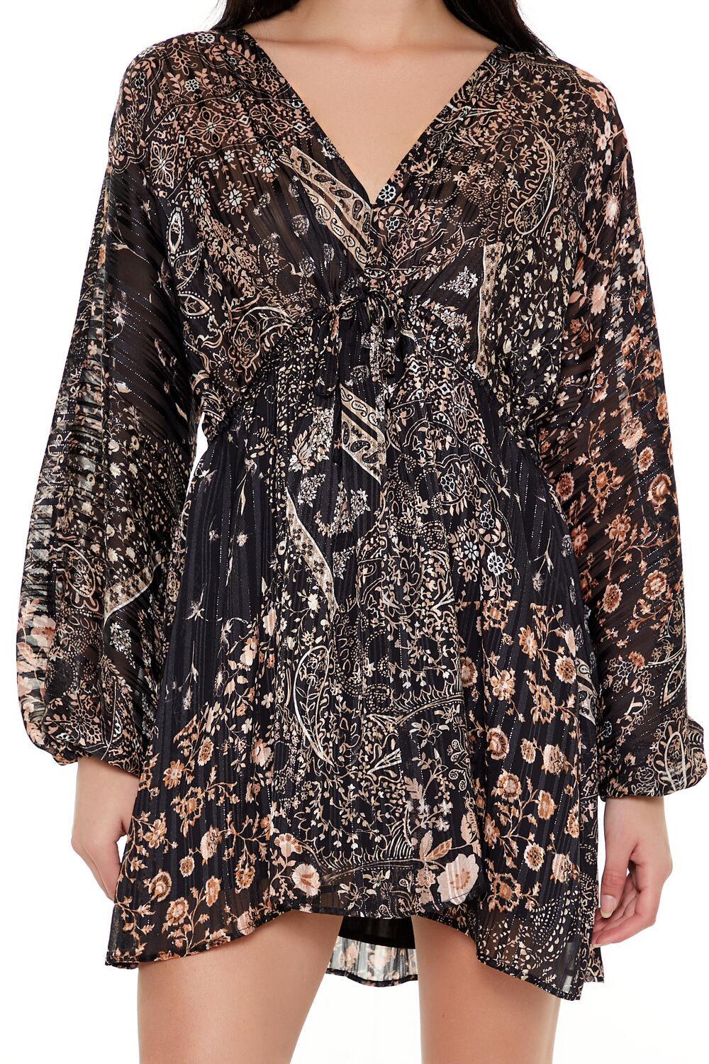  Forever 21 Satin Paisley Plunging V-Neck Mini Dress - black multi - Bonton