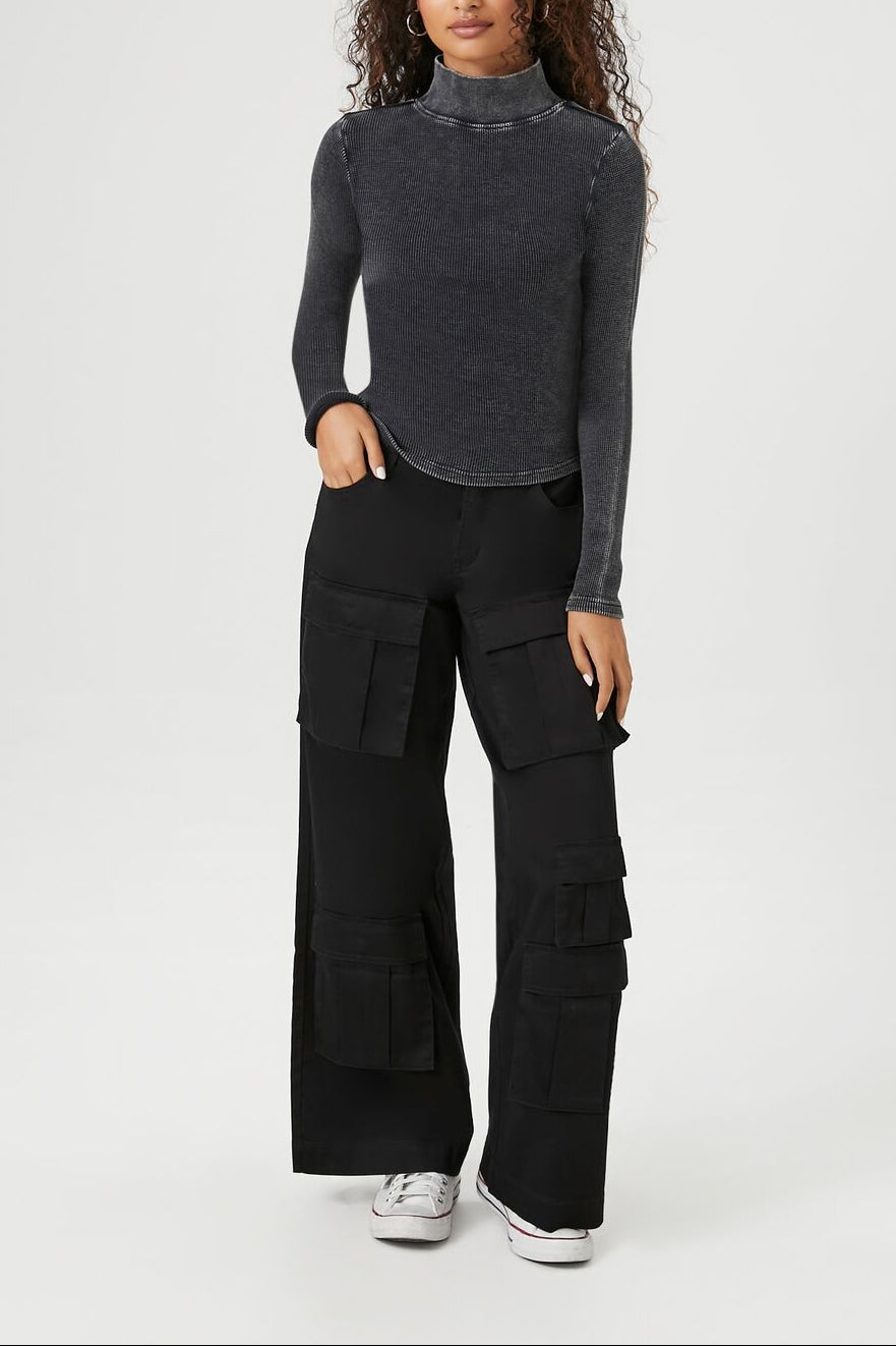  Forever 21 Waffle Knit Turtleneck Top - black - Bonton