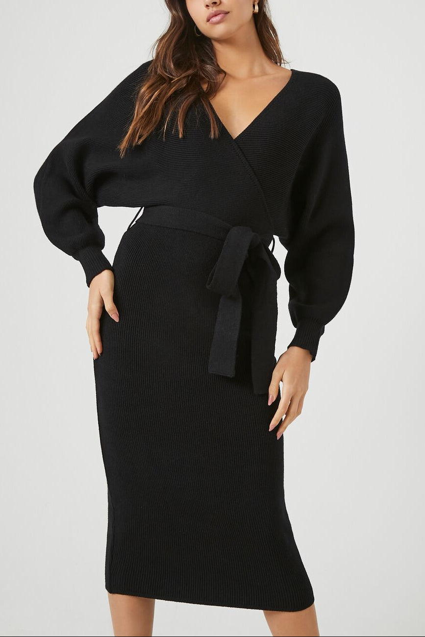  Forever 21 Sweater Midi Wrap Dress - black-swatch - Bonton