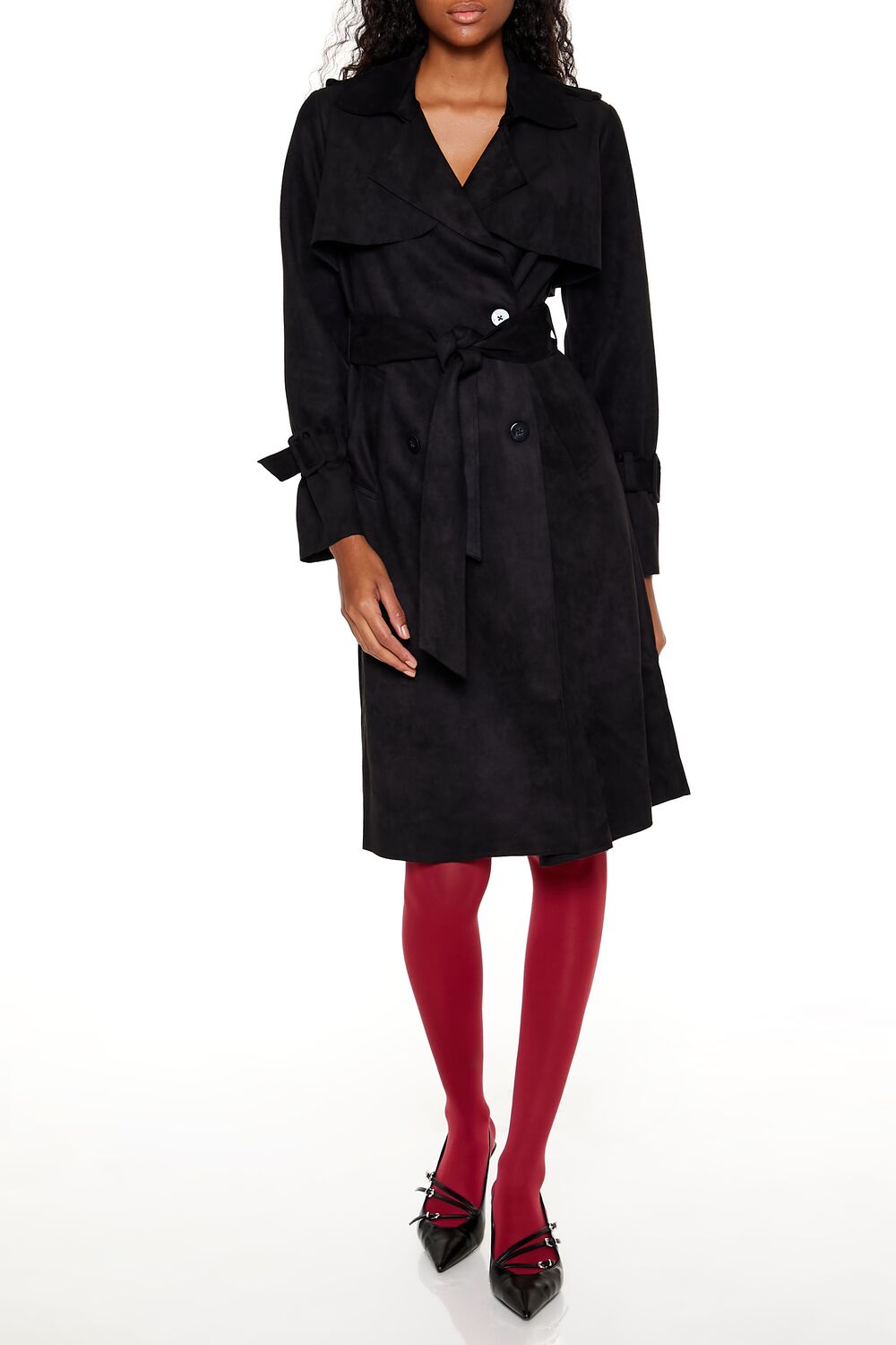  Forever 21 Faux Suede Trench Coat - black-swatch - Bonton