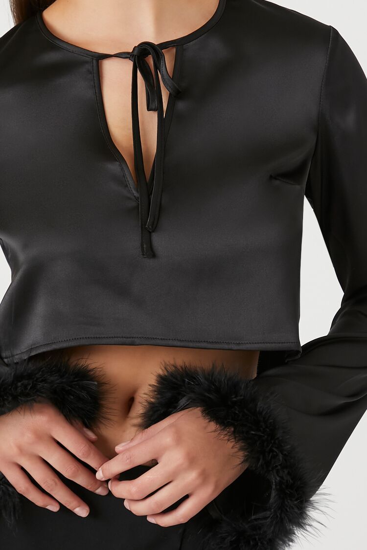  Forever 21 Satin Feather Crop Top - black - Bonton