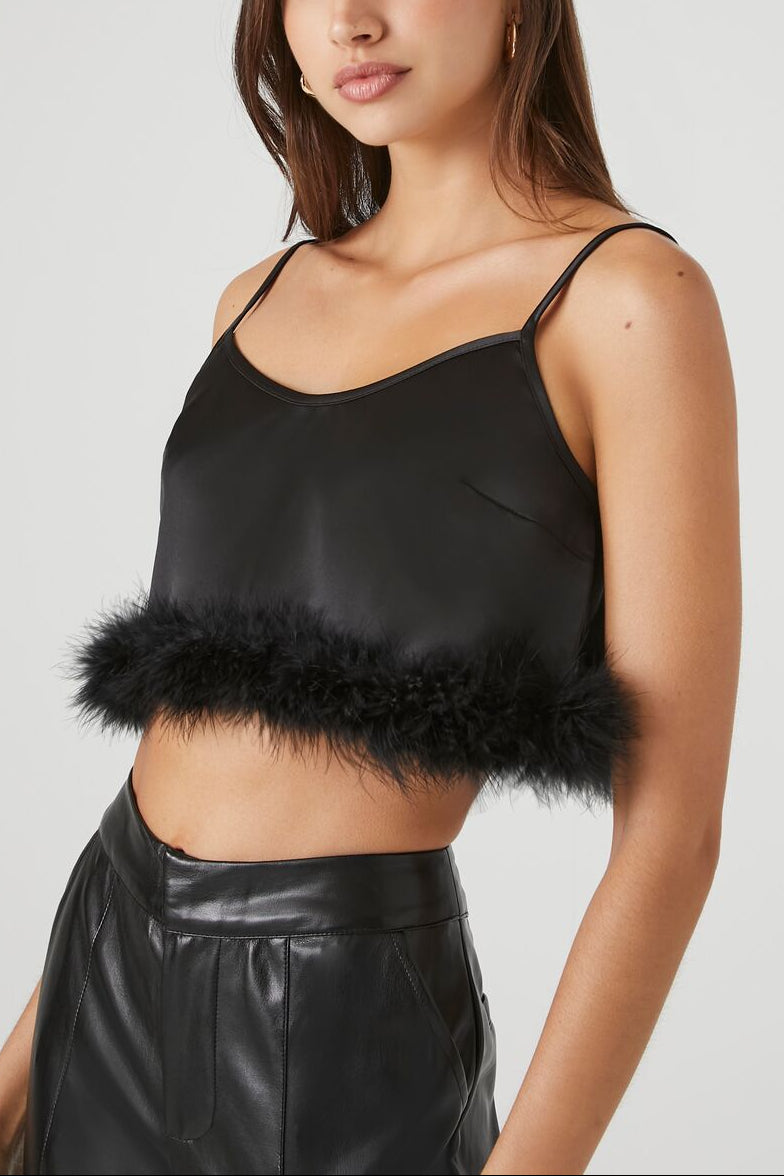  Forever 21 Fur-Trim Cropped Cami - black - Bonton
