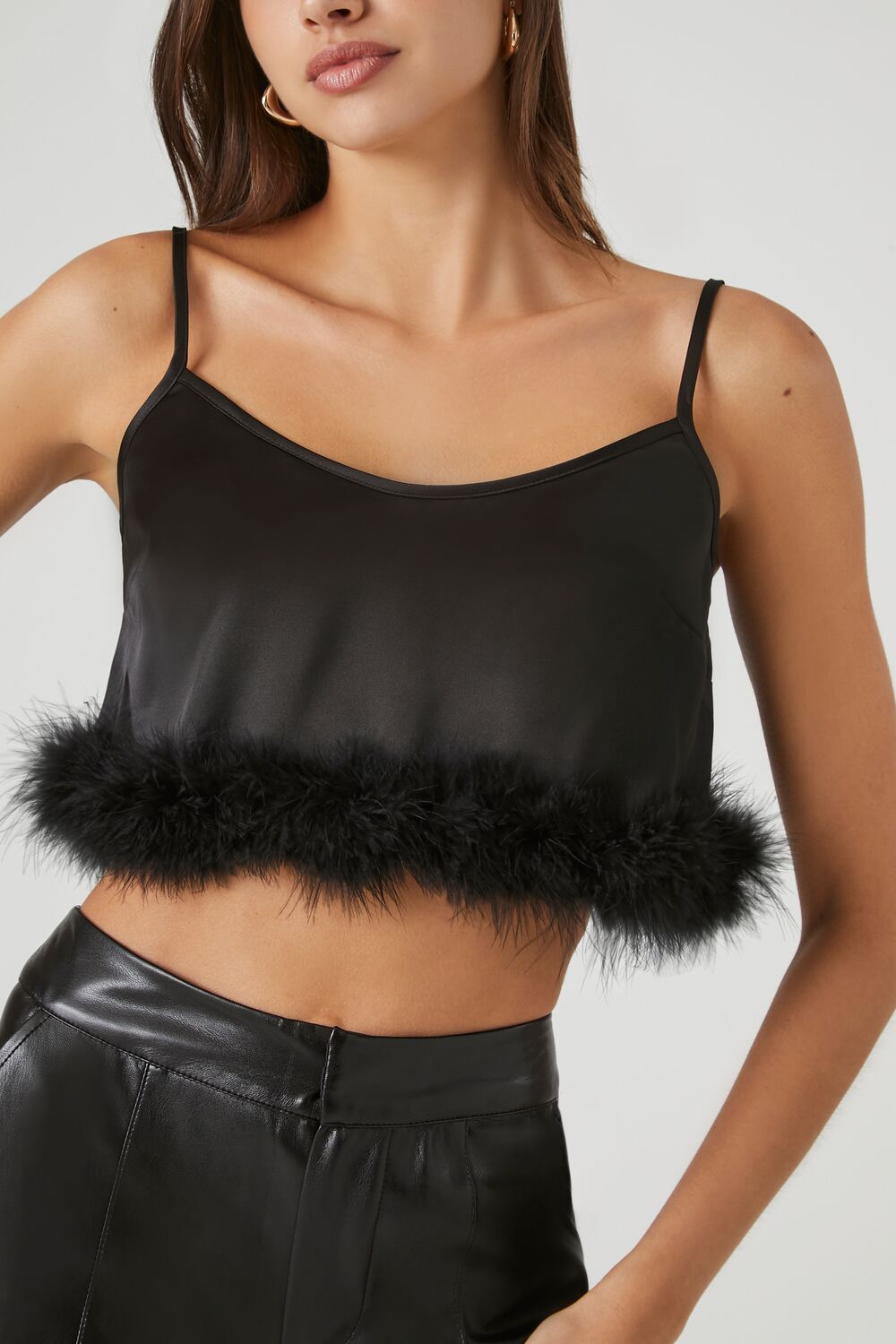  Forever 21 Fur-Trim Cropped Cami - black - Bonton