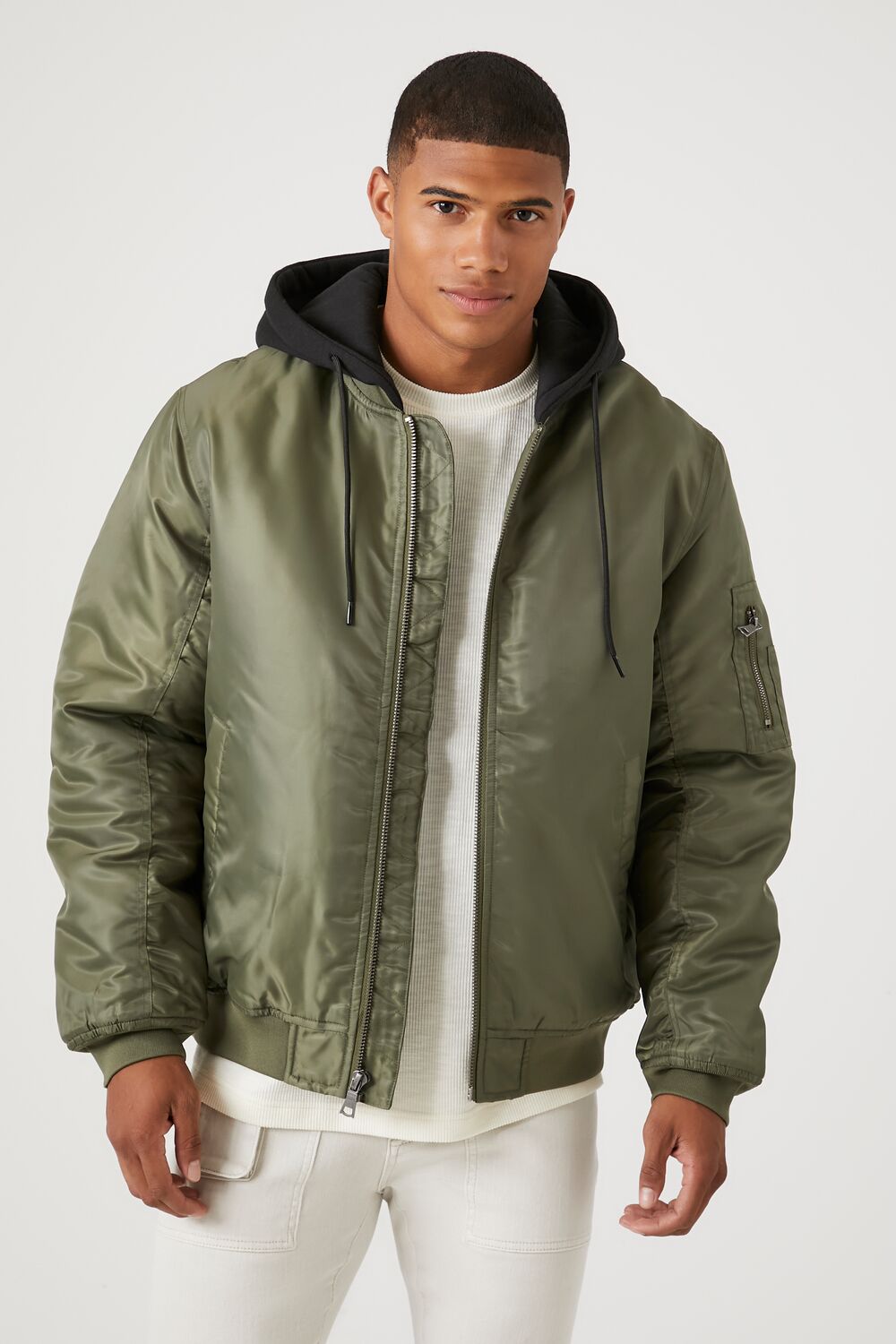  Forever 21 Zip-Up Hooded Bomber Jacket - olive-black-swatch - Bonton