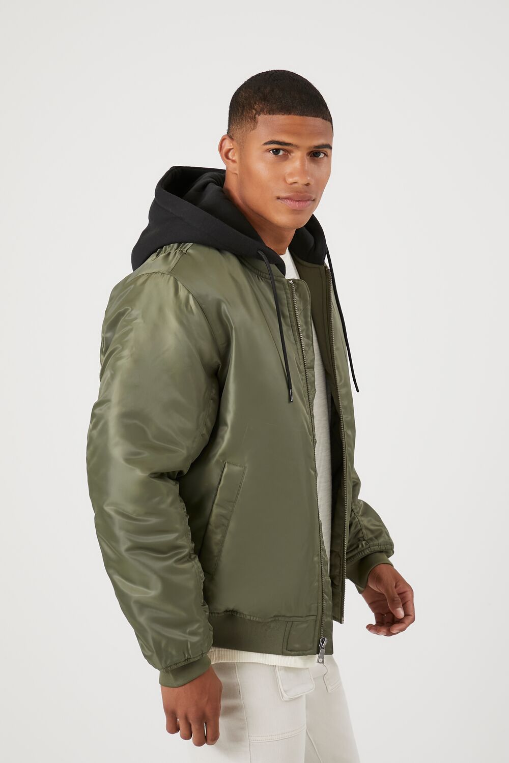  Forever 21 Zip-Up Hooded Bomber Jacket - olive-black-swatch - Bonton