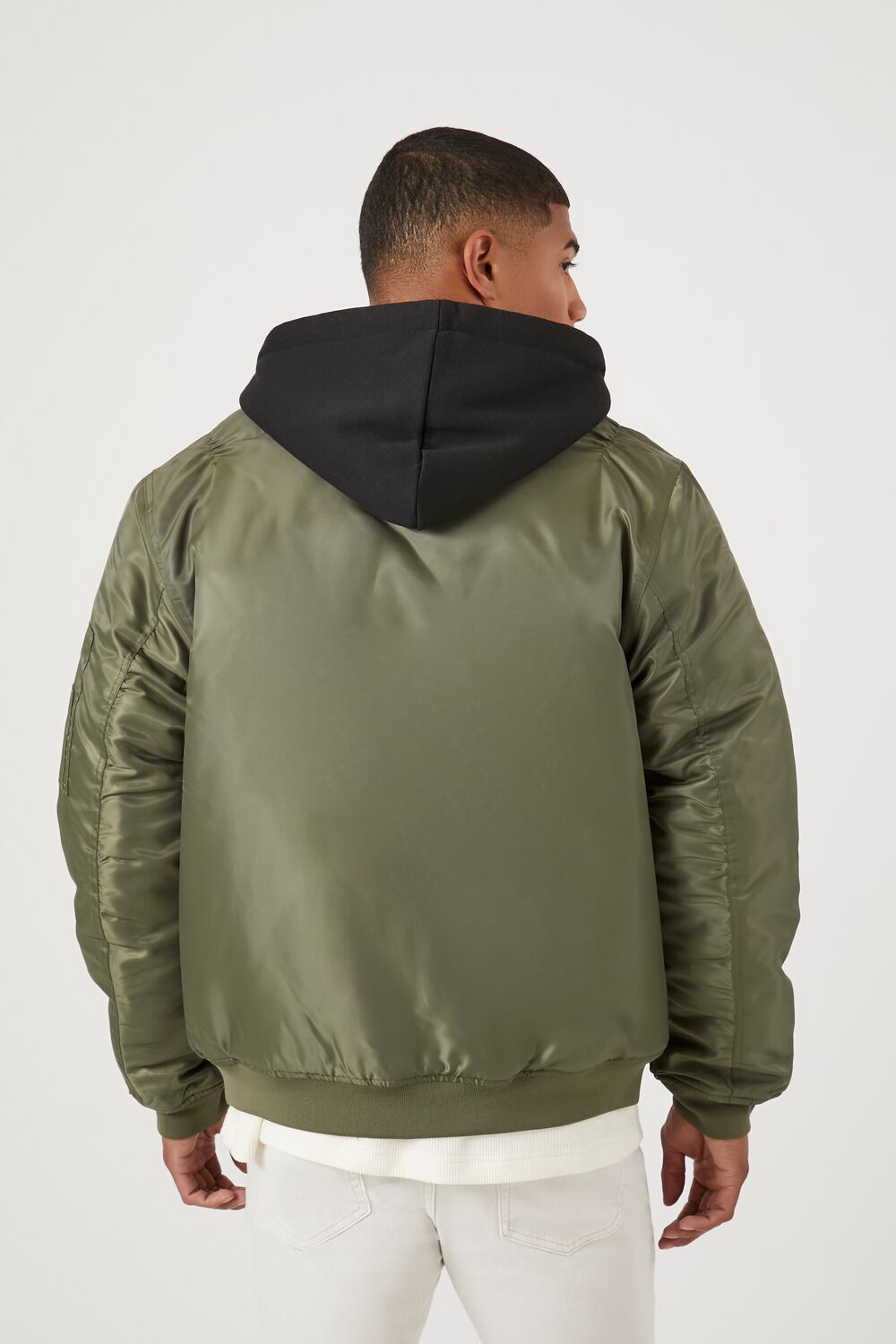  Forever 21 Zip-Up Hooded Bomber Jacket - olive-black-swatch - Bonton