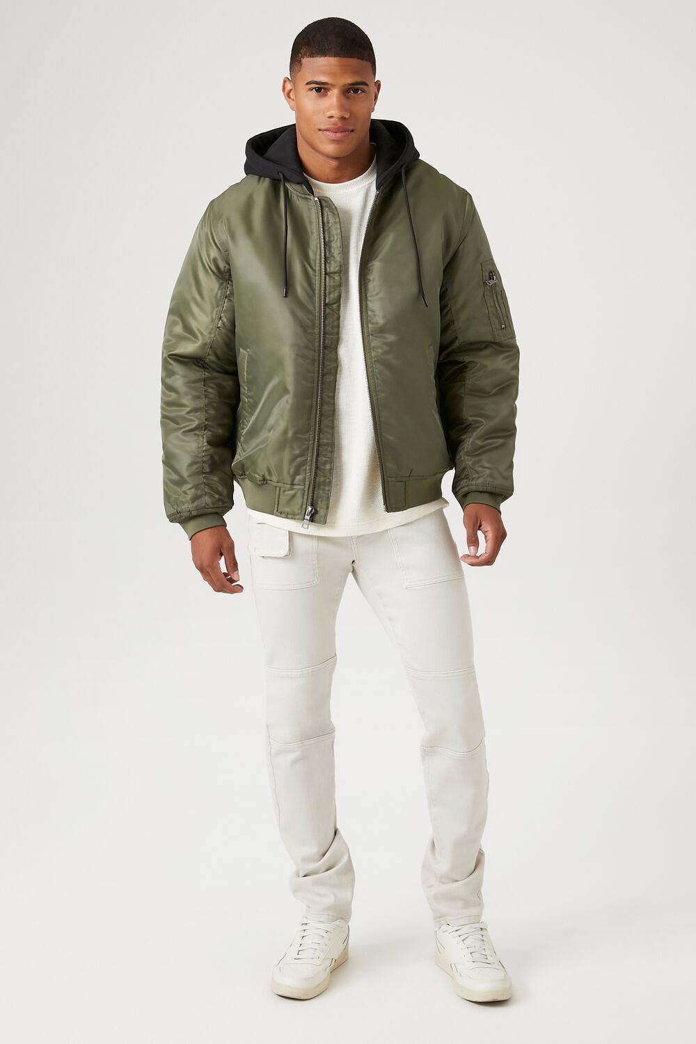  Forever 21 Zip-Up Hooded Bomber Jacket - olive-black-swatch - Bonton