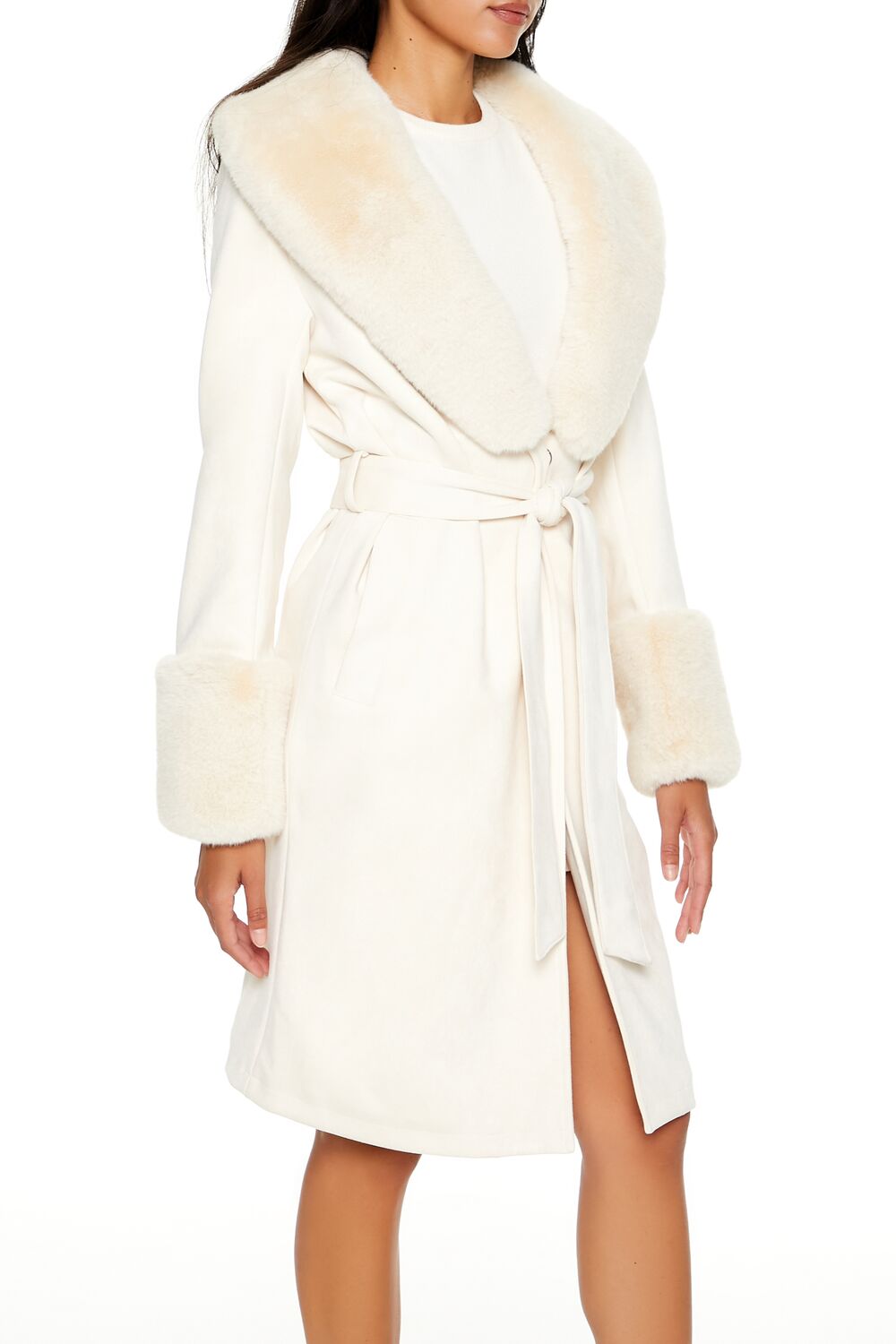  Forever 21 Faux Fur-Trim Faux Suede Trench Coat - cream - Bonton