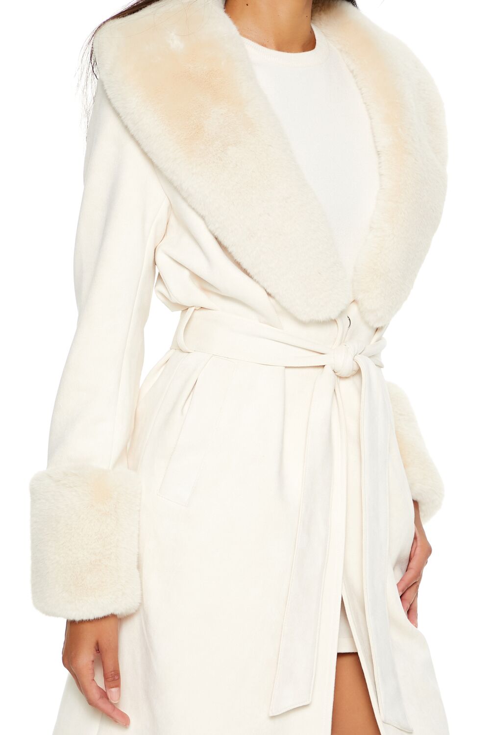  Forever 21 Faux Fur-Trim Faux Suede Trench Coat - cream - Bonton