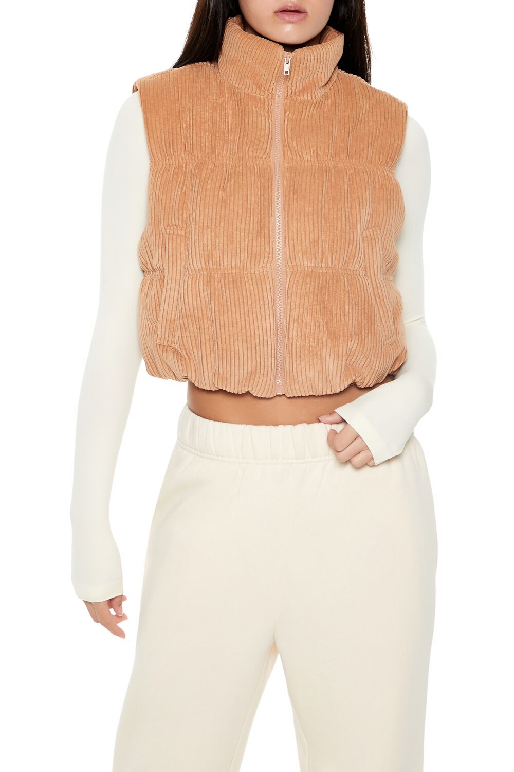  Forever 21 Cropped Funnel Neck Corduroy Vest - camel - Bonton