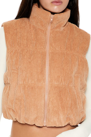Cropped Funnel Neck Corduroy Vest