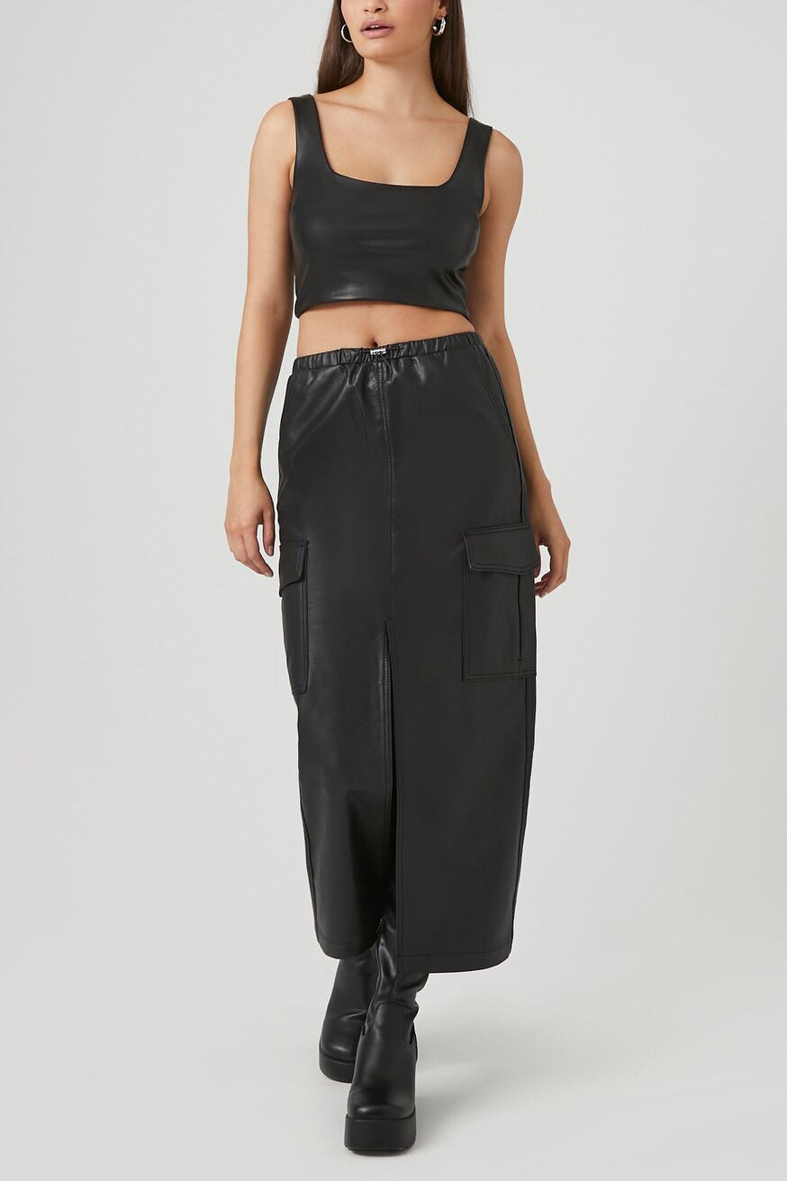  Forever 21 Faux Leather Maxi Slit Skirt - black - Bonton