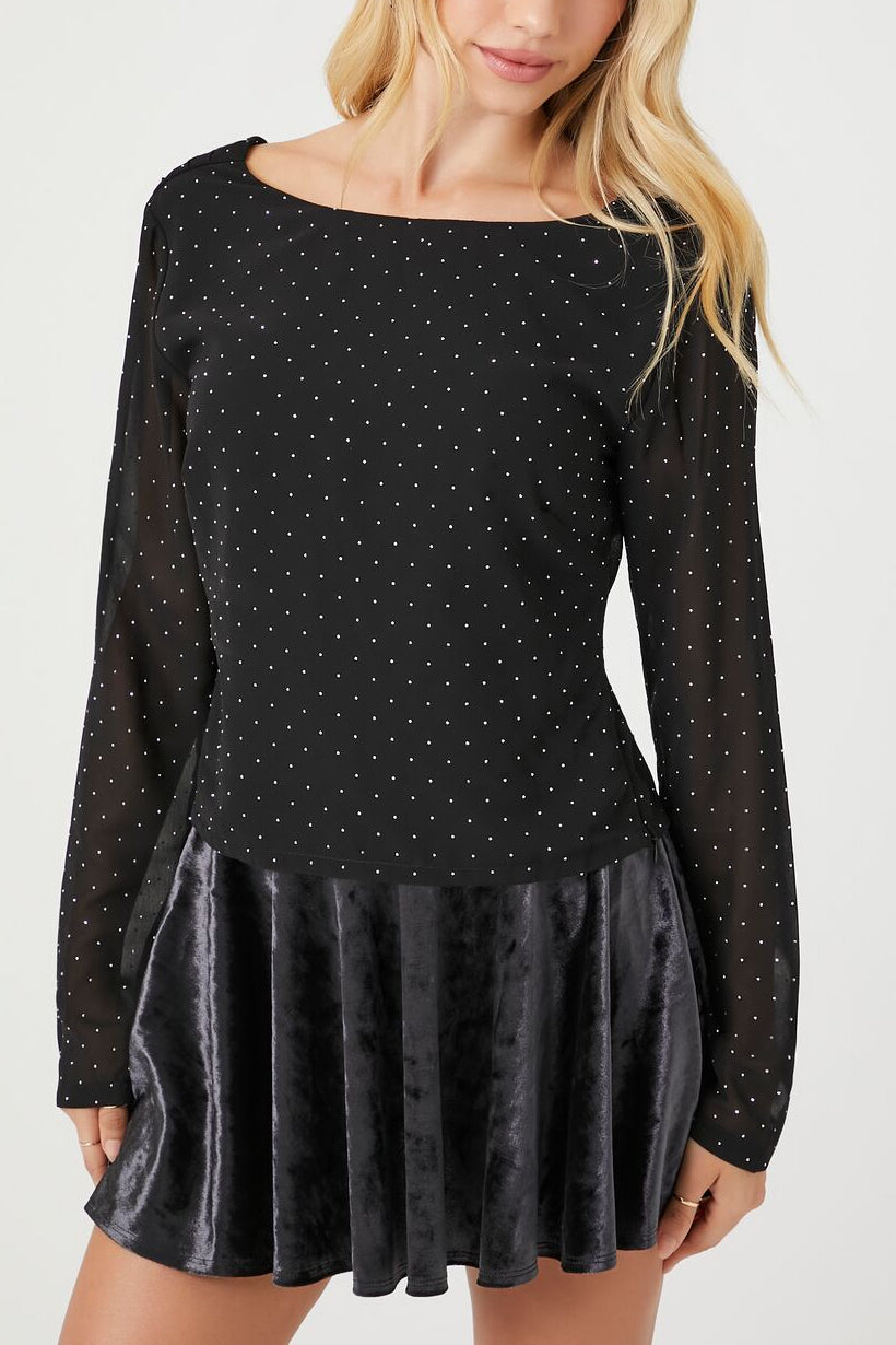  Forever 21 Rhinestone Cowl Back Long-Sleeve Top - black silver - Bonton