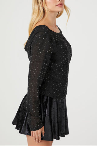 Rhinestone Cowl Back Long-Sleeve Top