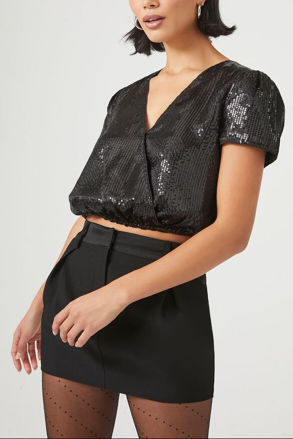  Forever 21 Sequin Surplice Crop Top - black - Bonton