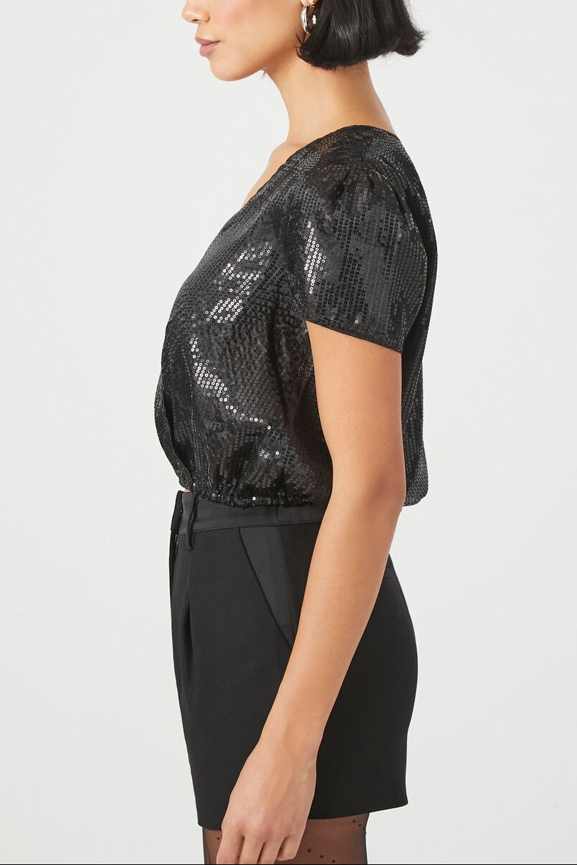  Forever 21 Sequin Surplice Crop Top - black - Bonton