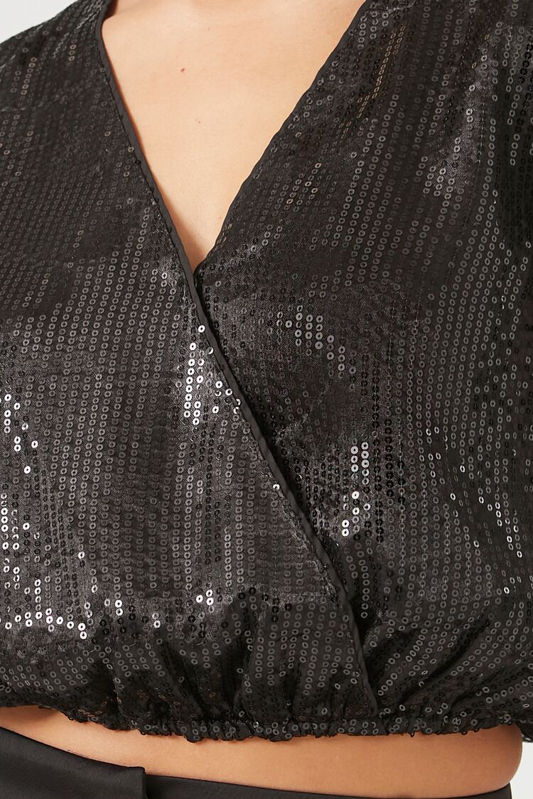  Forever 21 Sequin Surplice Crop Top - black - Bonton