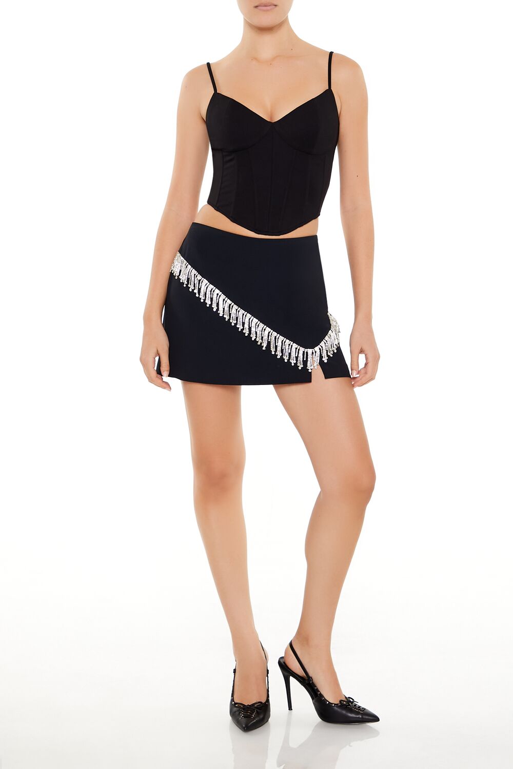  Forever 21 Rhinestone-Fringe Mini Skirt - black - Bonton