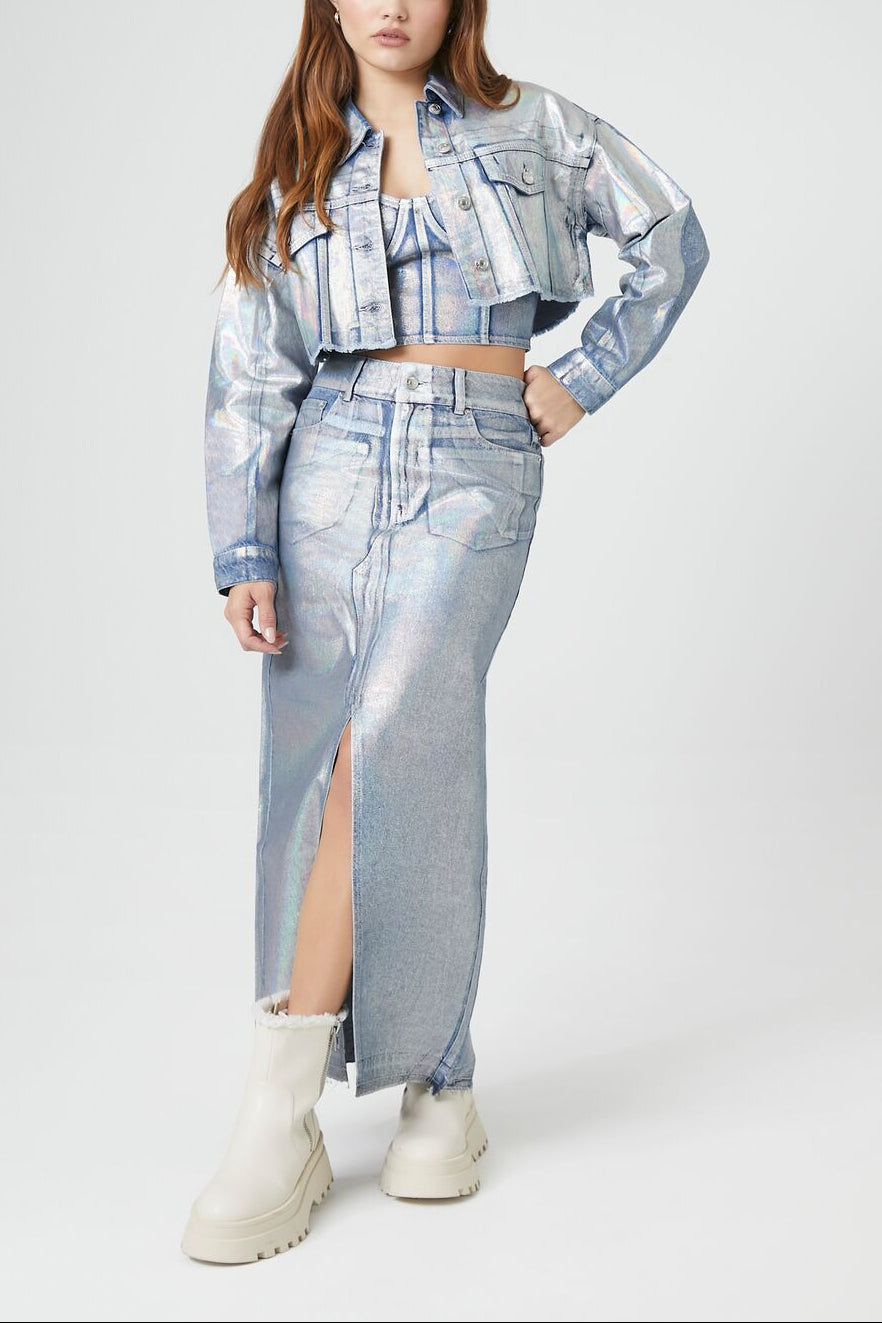  Forever 21 Iridescent Denim A-Line Maxi Skirt - denim - Bonton