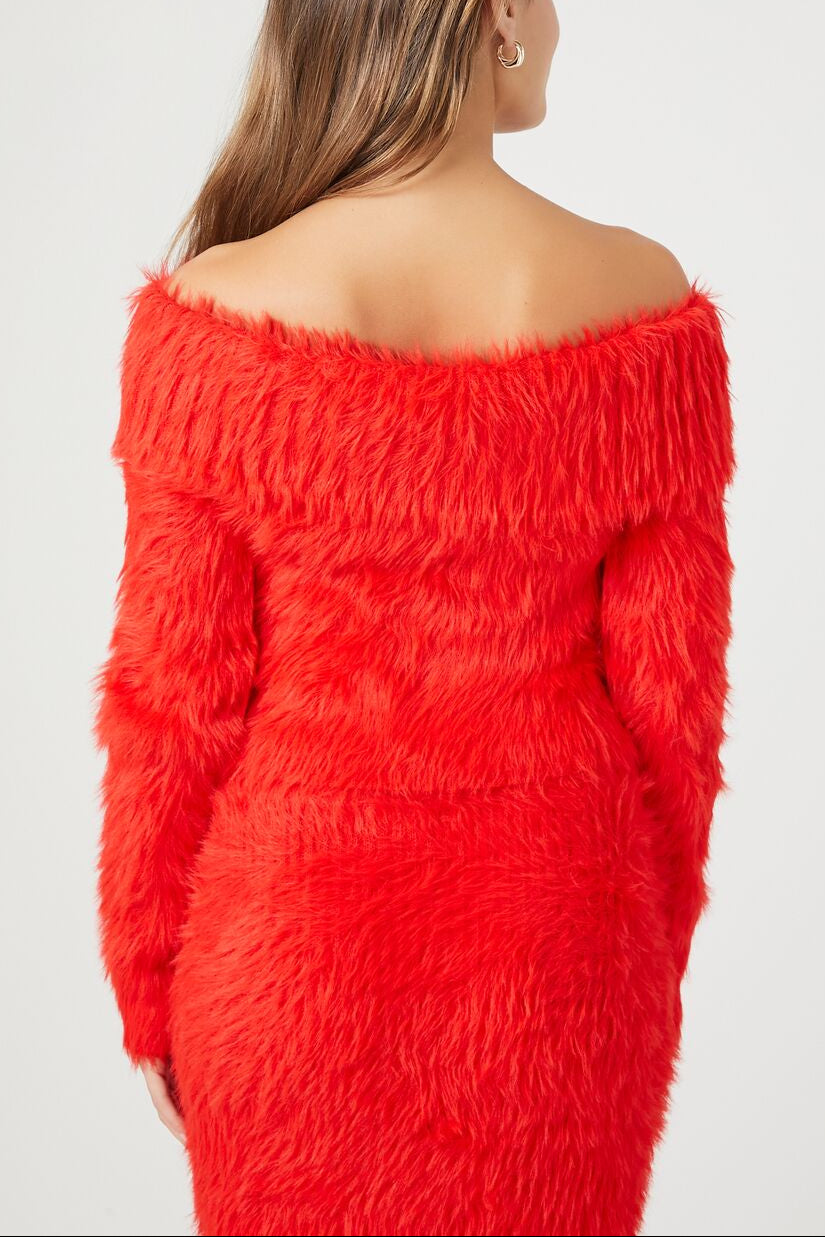  Forever 21 Faux Fur Off-the-Shoulder Top - fiery red - Bonton