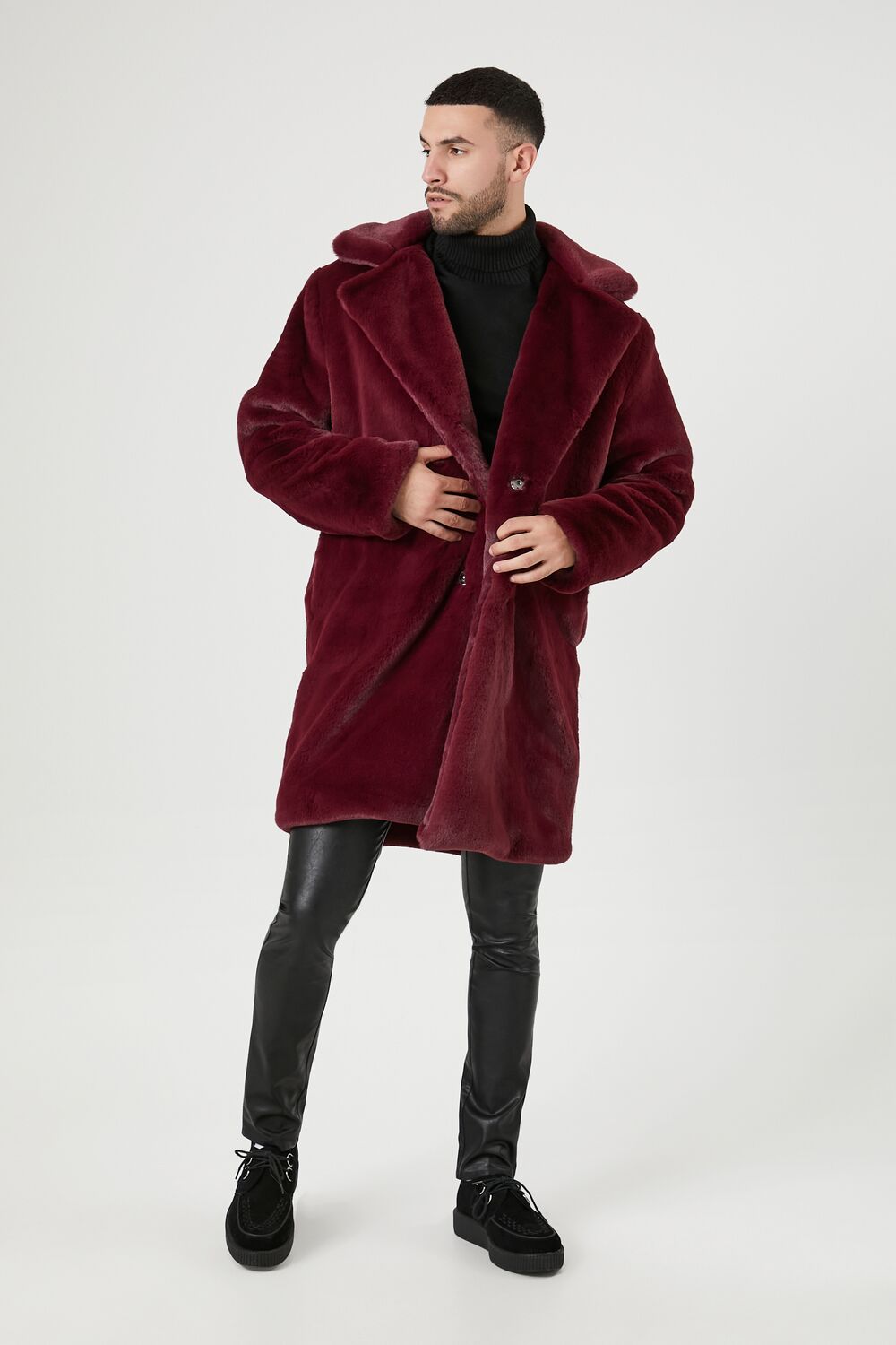  Forever 21 Faux Fur Longline Coat - burgundy-swatch - Bonton