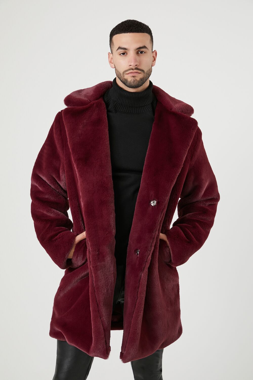  Forever 21 Faux Fur Longline Coat - burgundy-swatch - Bonton