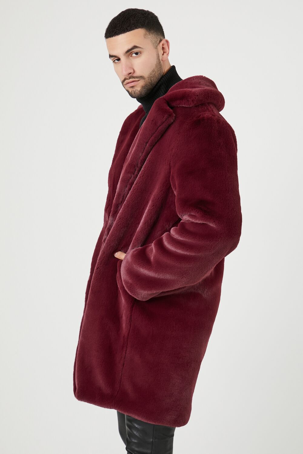  Forever 21 Faux Fur Longline Coat - burgundy-swatch - Bonton