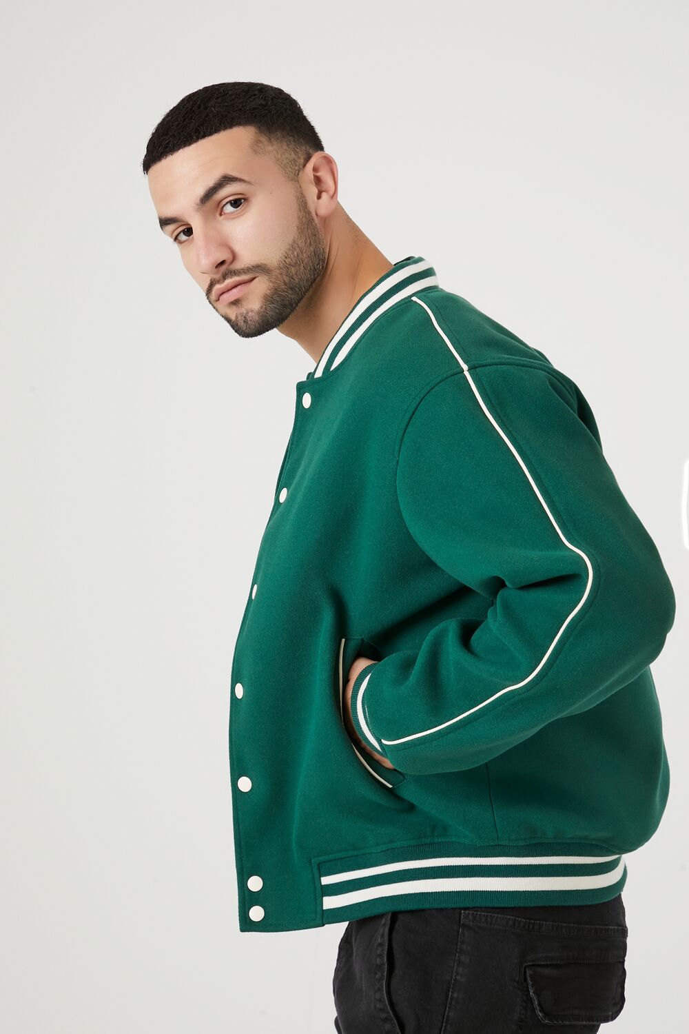  Forever 21 Varsity Letterman Bomber Jacket - green-cream-swatch - Bonton