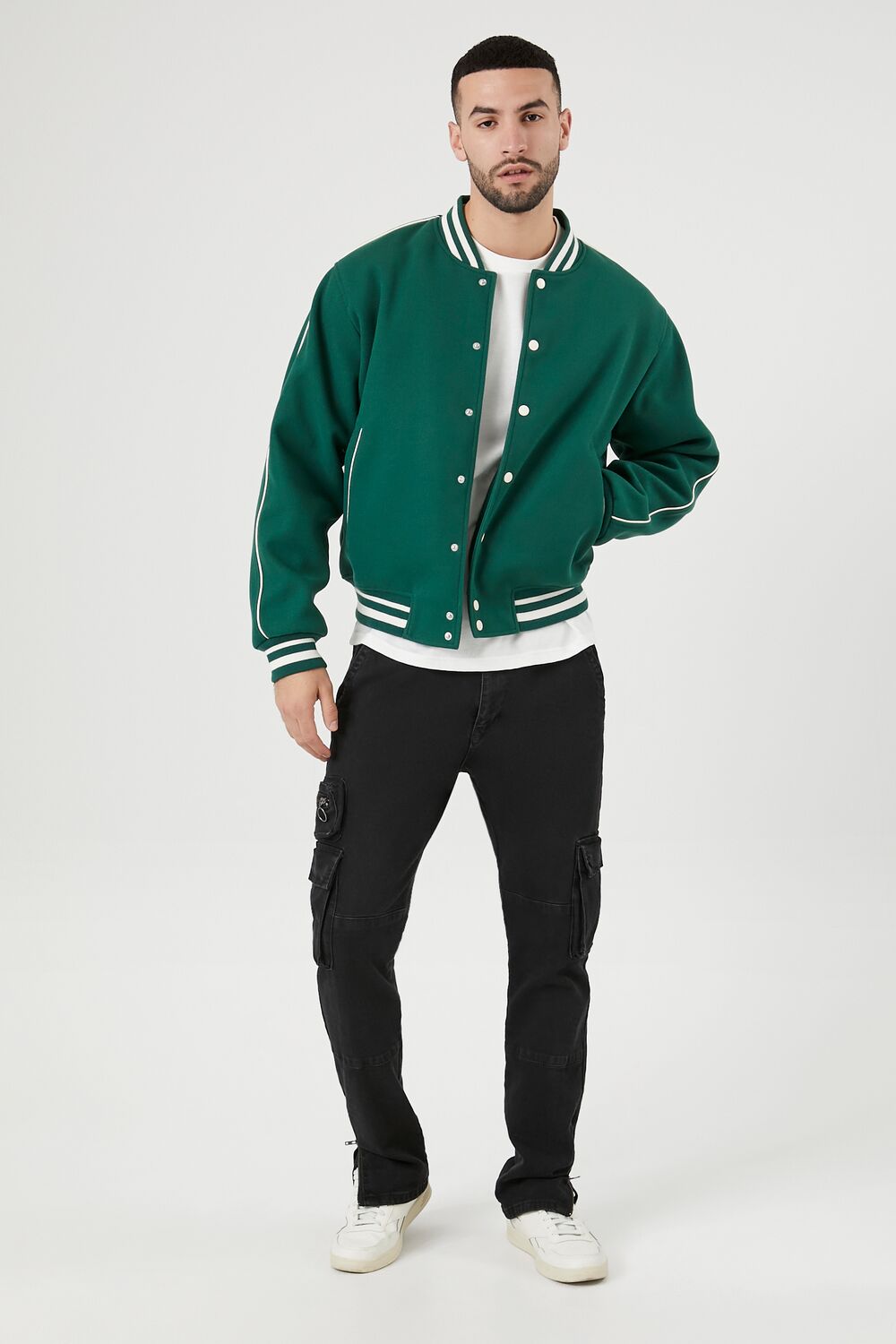  Forever 21 Varsity Letterman Bomber Jacket - green-cream-swatch - Bonton