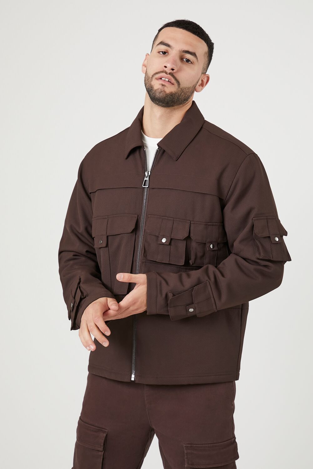  Forever 21 Zip-Up Cargo Trucker Jacket - cocoa-swatch - Bonton