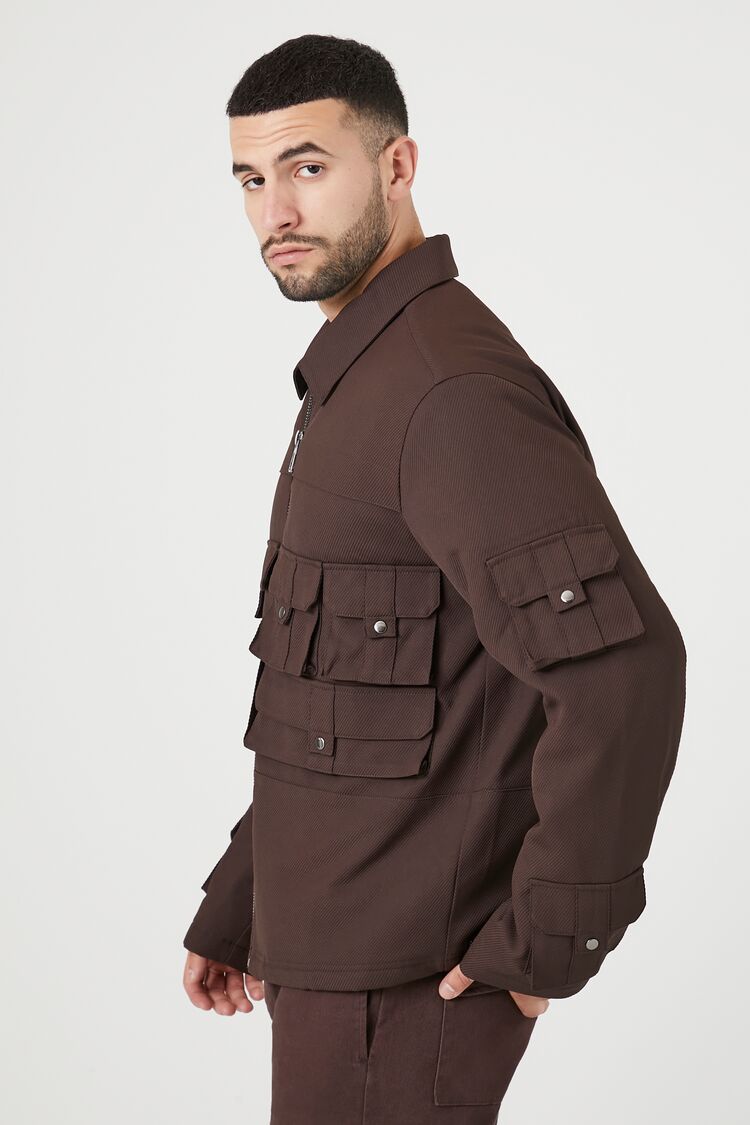  Forever 21 Zip-Up Cargo Trucker Jacket - cocoa-swatch - Bonton