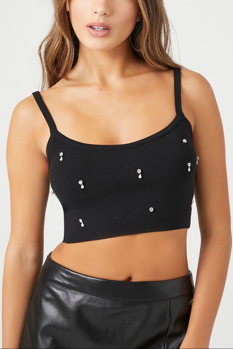  Forever 21 Sweater-Knit Rhinestone Cropped Cami - black - Bonton