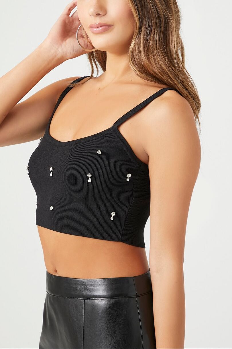  Forever 21 Sweater-Knit Rhinestone Cropped Cami - black - Bonton
