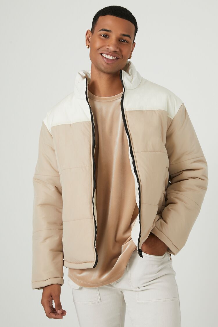  Forever 21 Zip-Up Colorblock Puffer Jacket - cream-taupe-swatch - Bonton
