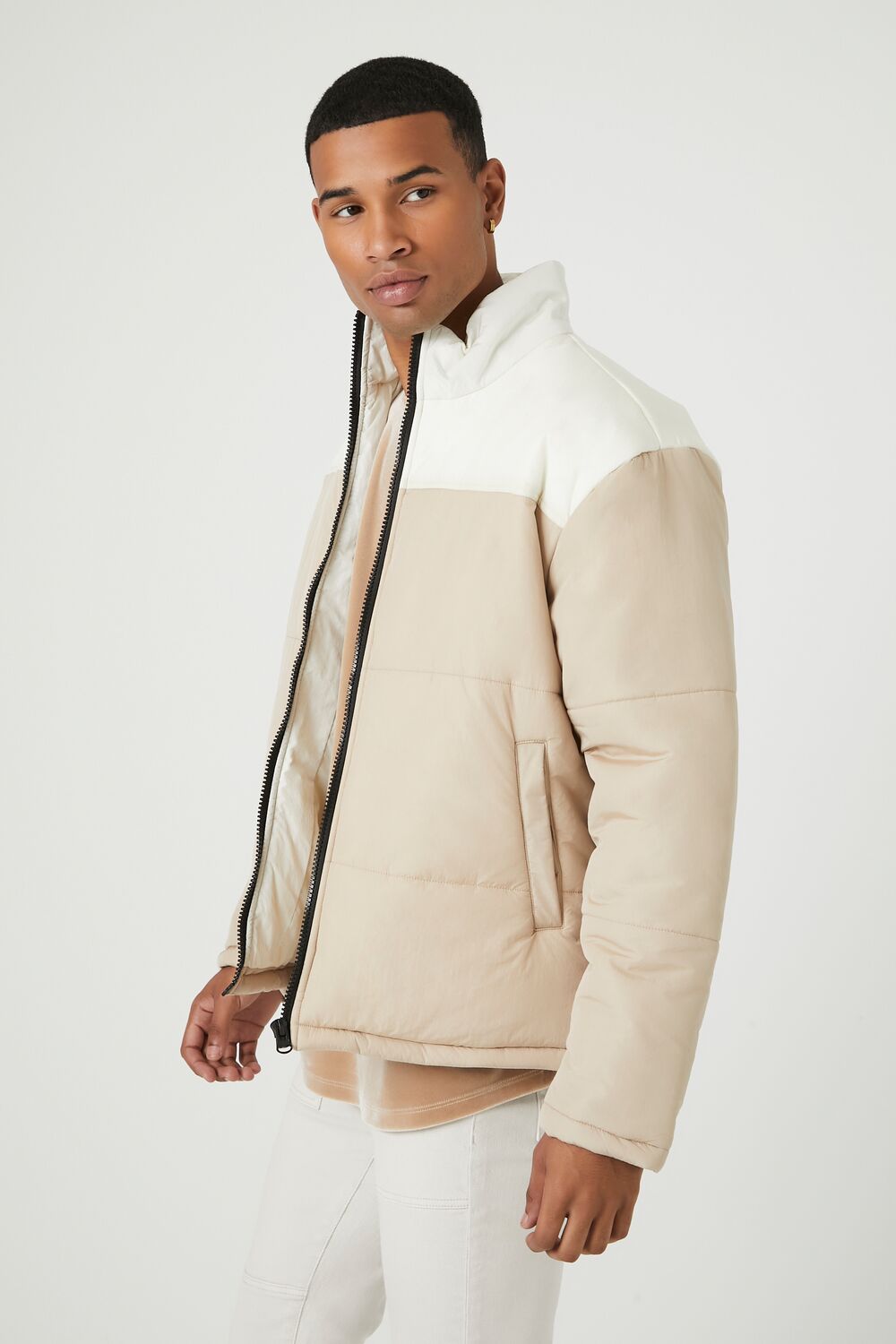  Forever 21 Zip-Up Colorblock Puffer Jacket - cream-taupe-swatch - Bonton