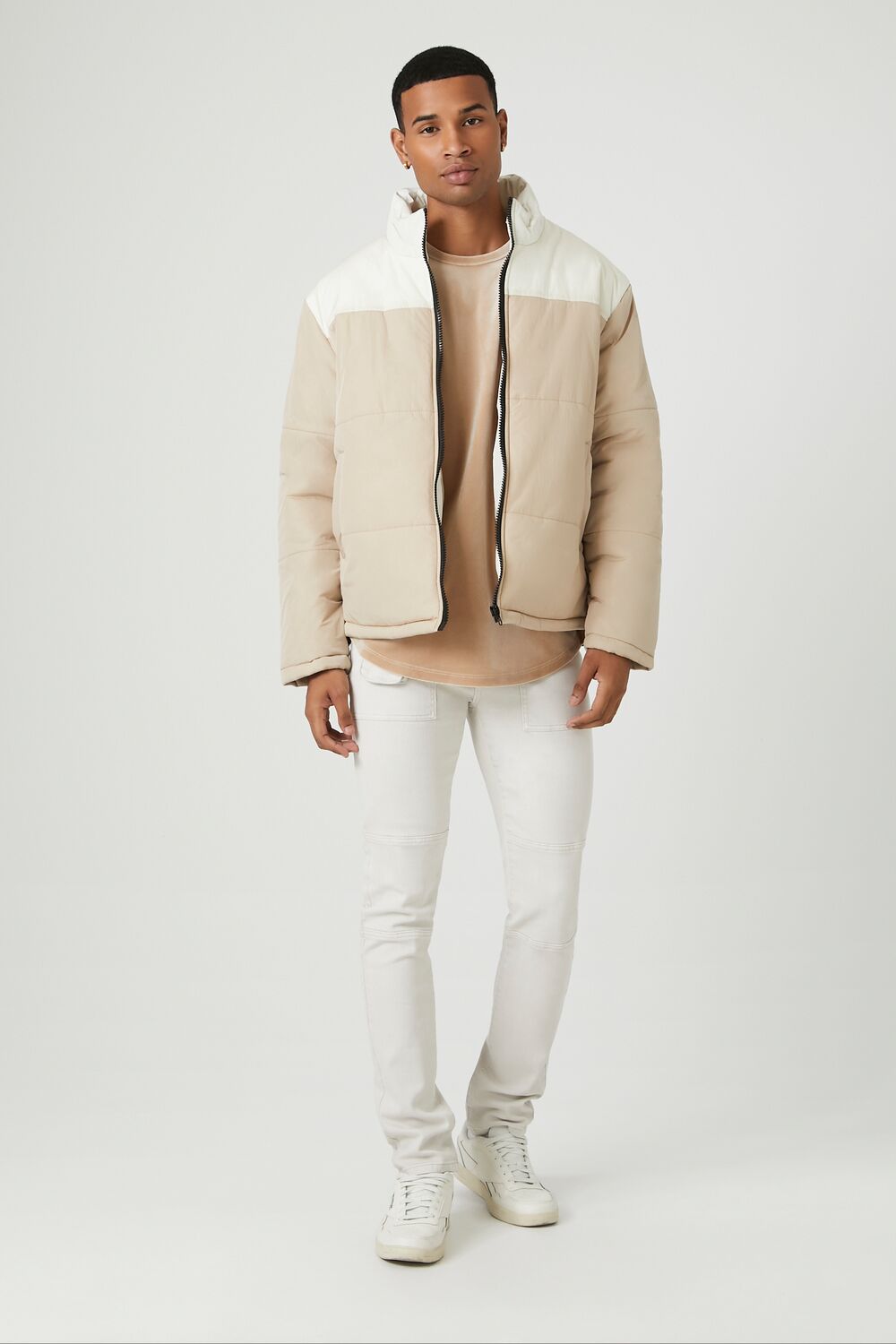  Forever 21 Zip-Up Colorblock Puffer Jacket - cream-taupe-swatch - Bonton