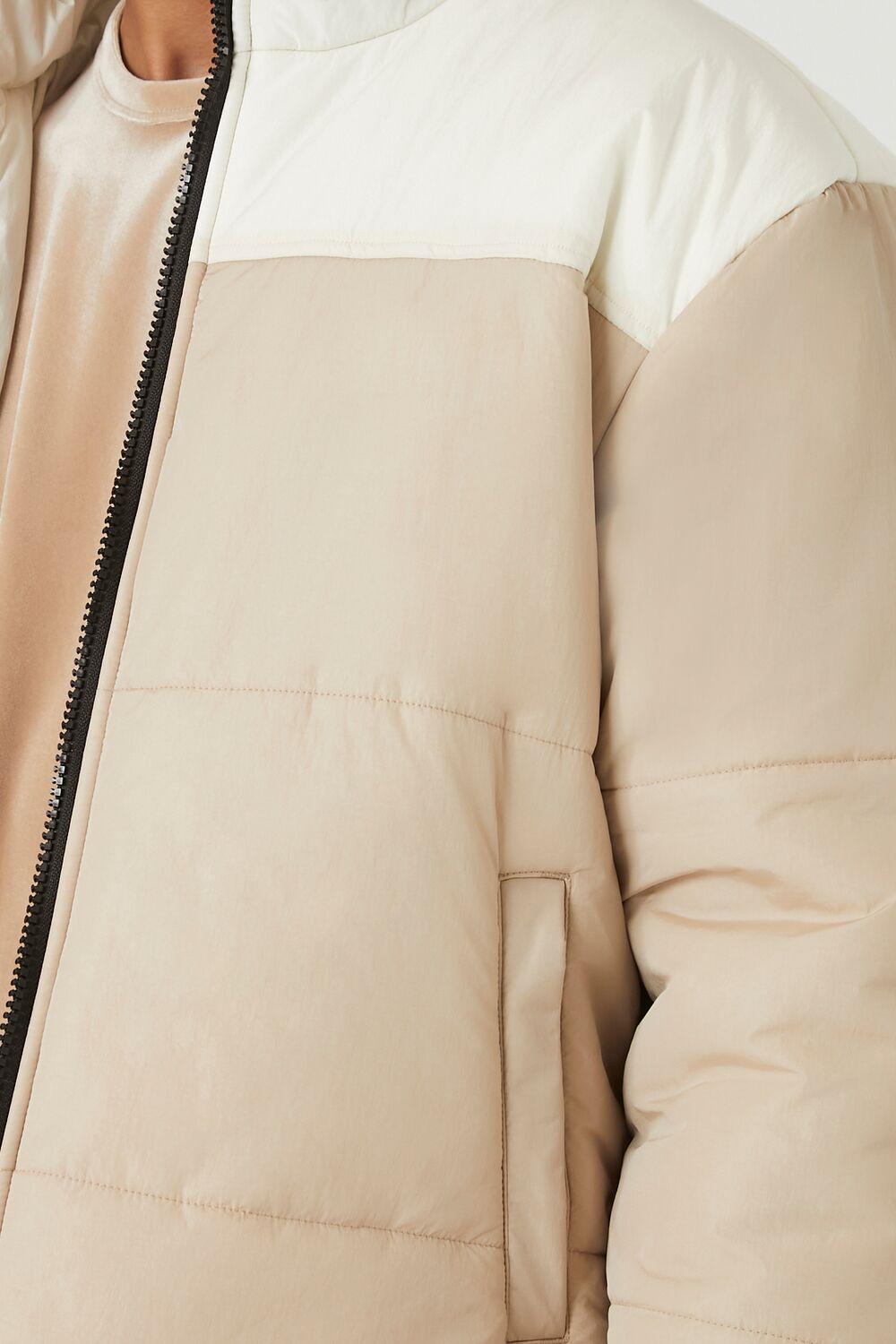  Forever 21 Zip-Up Colorblock Puffer Jacket - cream-taupe-swatch - Bonton