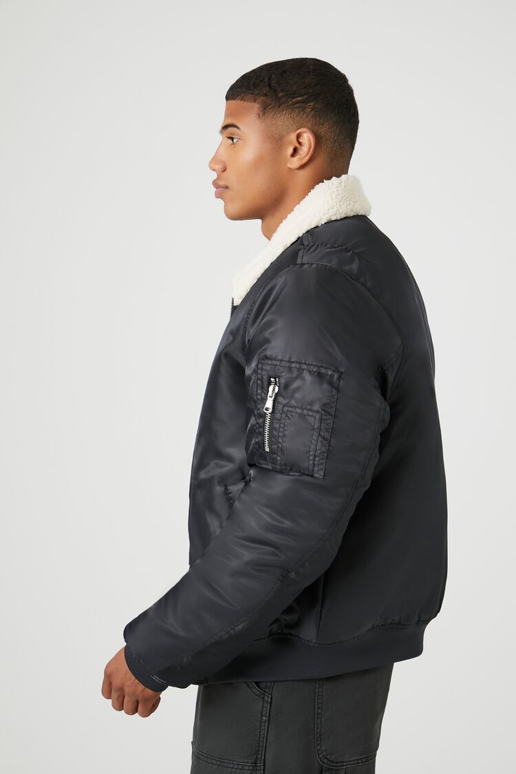  Forever 21 Faux Shearling-Trim Bomber Jacket - black-cream-swatch - Bonton