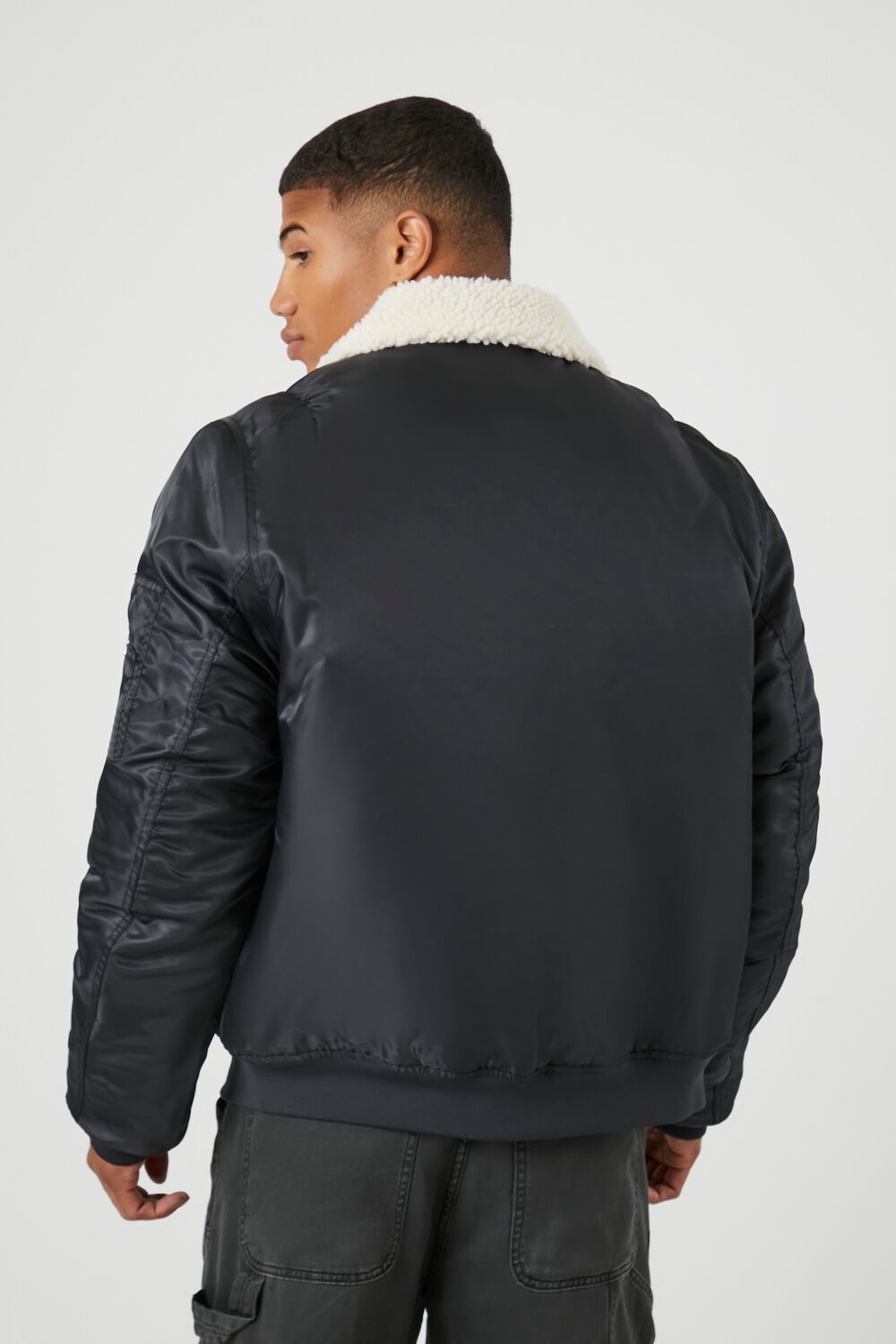  Forever 21 Faux Shearling-Trim Bomber Jacket - black-cream-swatch - Bonton