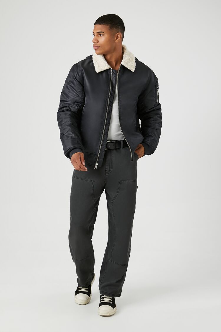  Forever 21 Faux Shearling-Trim Bomber Jacket - black-cream-swatch - Bonton