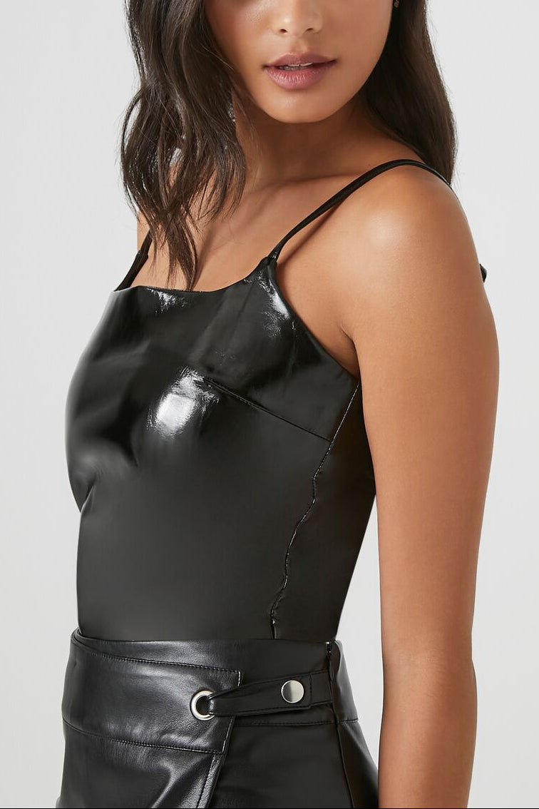  Forever 21 Faux Patent Leather Bodysuit - black - Bonton