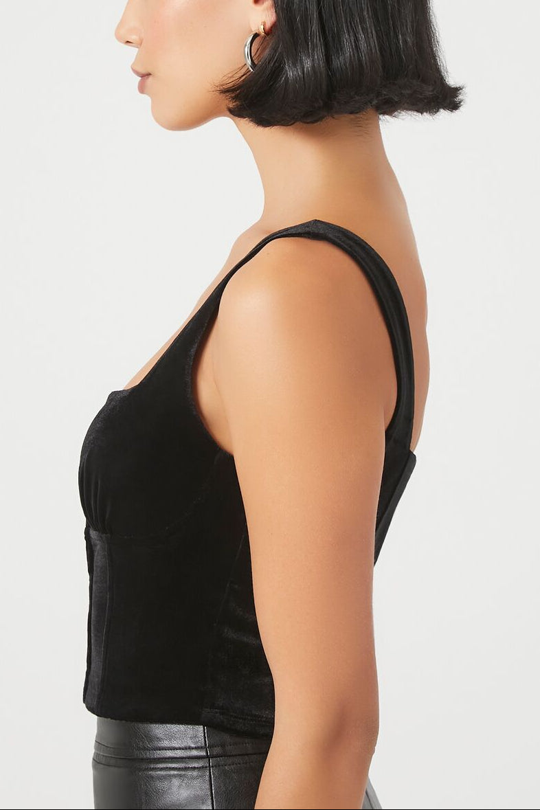  Forever 21 Velvet Hook-and-Eye Crop Top - black - Bonton