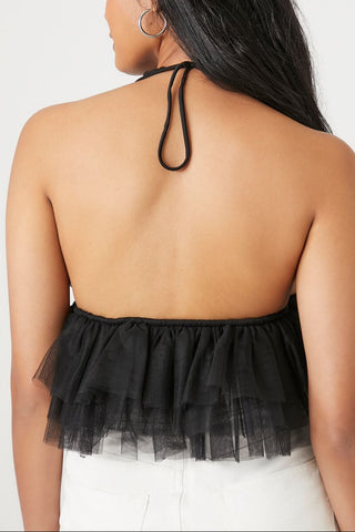 Mesh Ruffle Halter Crop Top
