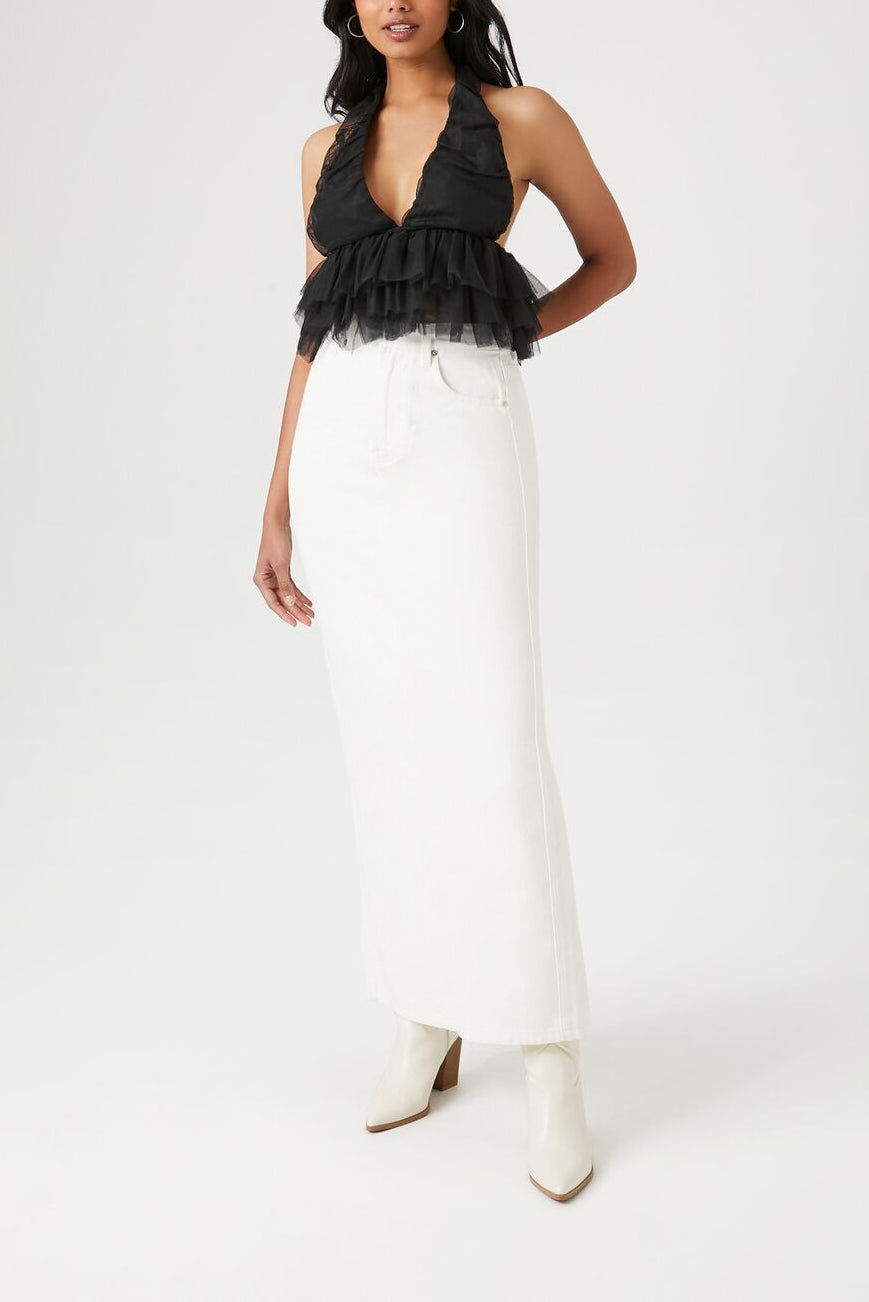  Forever 21 Mesh Ruffle Halter Crop Top - black - Bonton