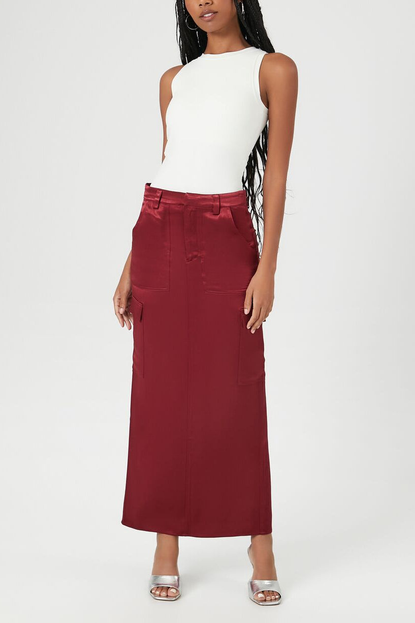  Forever 21 Satin Slit Midi Skirt - burgundy - Bonton