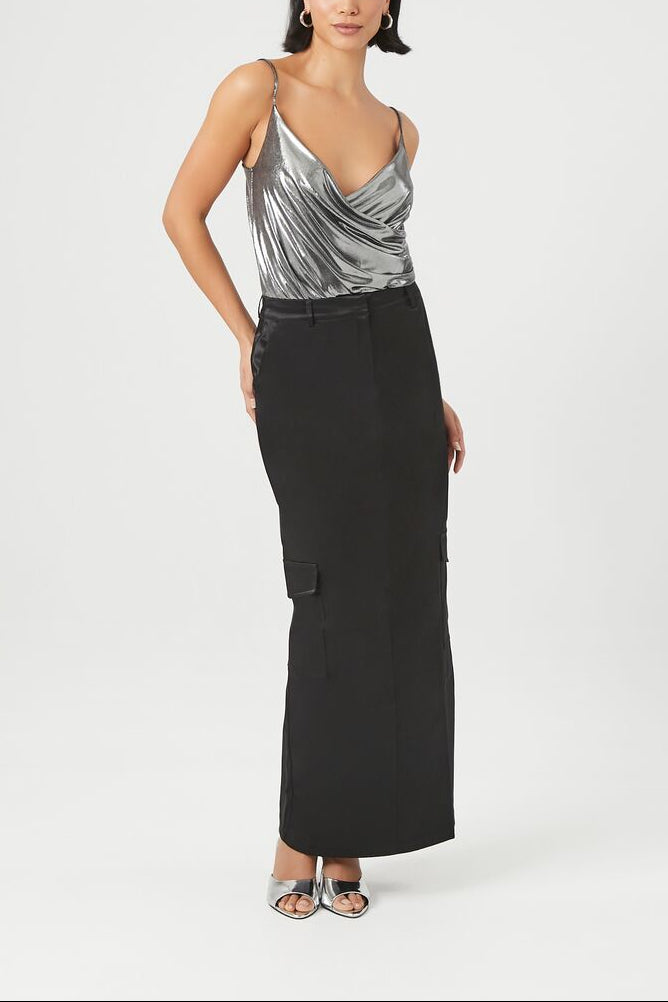  Forever 21 Satin Cargo Maxi Skirt - black - Bonton