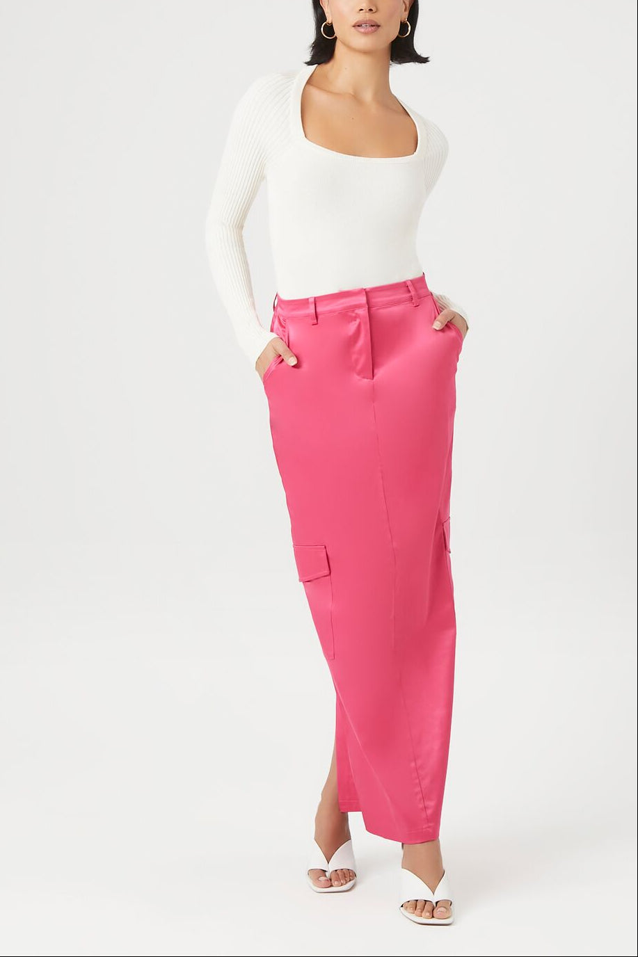  Forever 21 Satin Cargo Maxi Skirt - black - Bonton